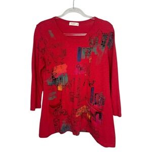 Jess & Jane Tunic Top Size M City Print 100% Cotton Red Artsy Lagenlook Pockets